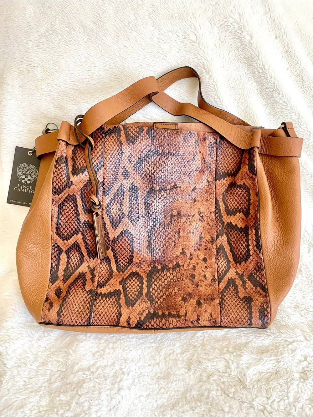 Vince Camuto Alora Caramel Snake Print Leather Tote